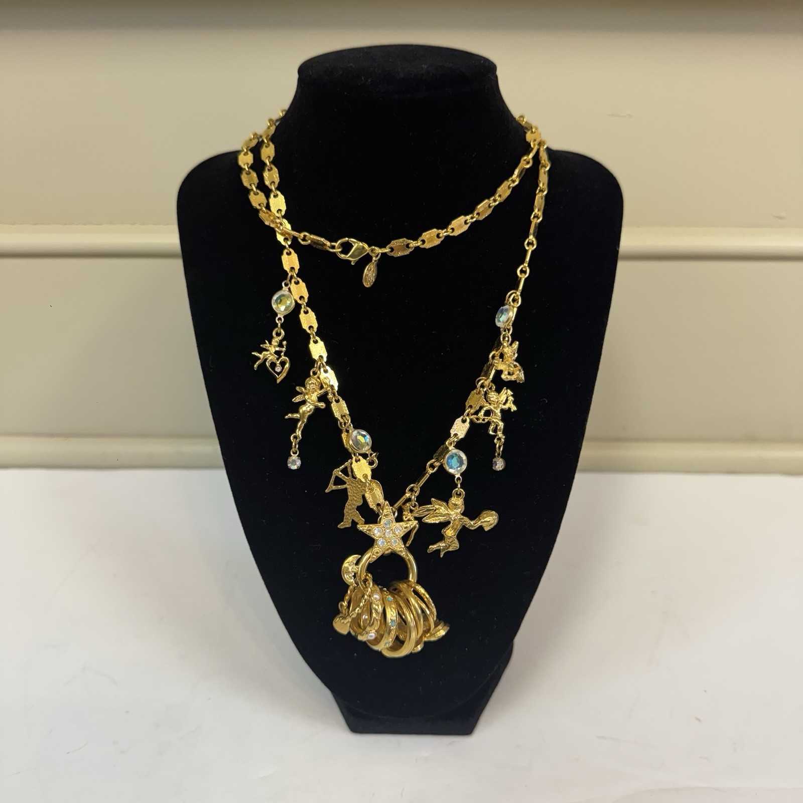 Vintage Kirks Folly Signed Secrets of the Seven Angels Charms w/Rings Necklace