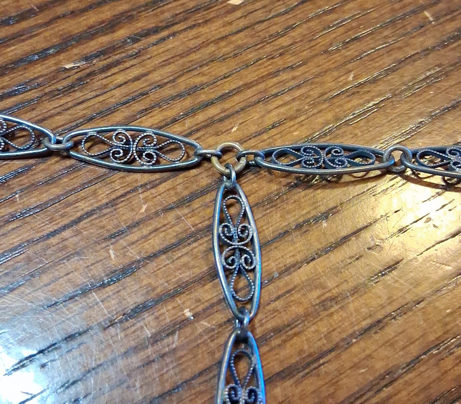 Antique Victorian 800 Silver Filigree Chain 31-32″ Missing Bead See Pics/Descrip