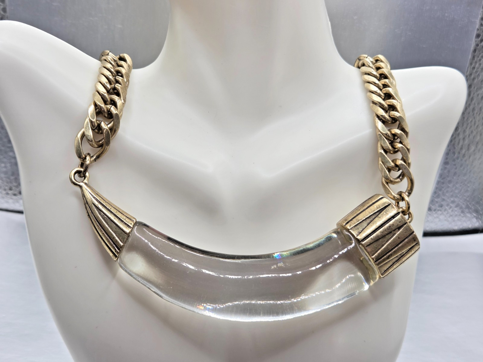 Vintage Jenny Bird Horn Clear Lucite Gold tone Chain Necklace 18″