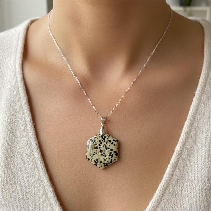 Certified Dalmatian Jasper Hexagon Pendant Necklace | Spotted Gemstone Jewelry