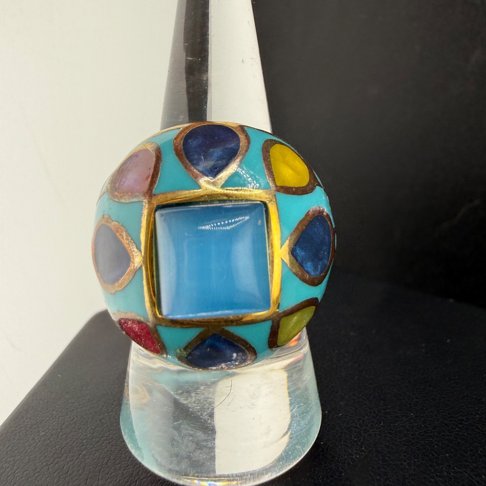 Enamel Dome Ring Blue Abstract Stainless Steel Gold Tone Size 8.75