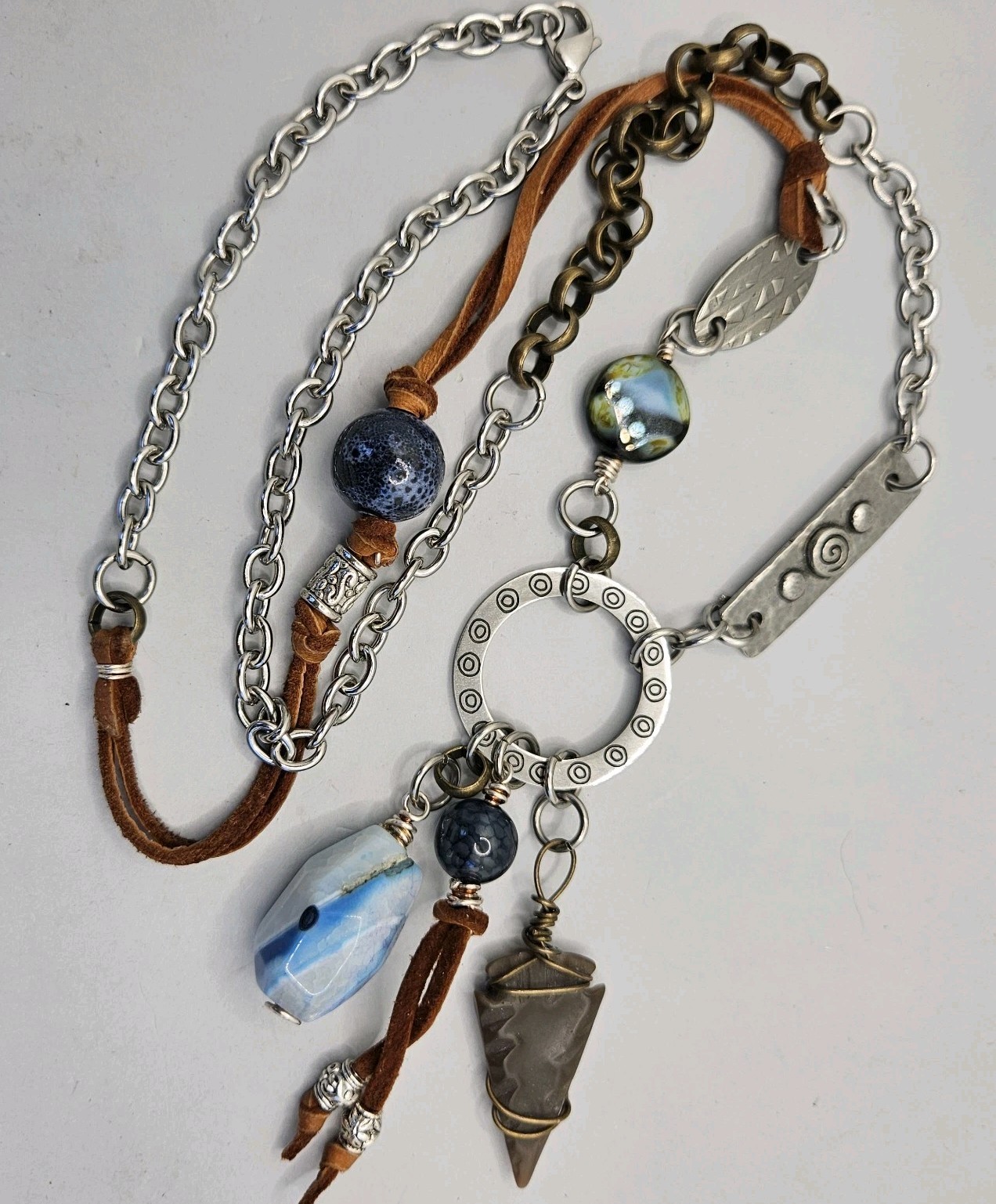 Silver Boho Pendant Necklace Cord Mixed Metals Beaded Arrow Head Stone Charms