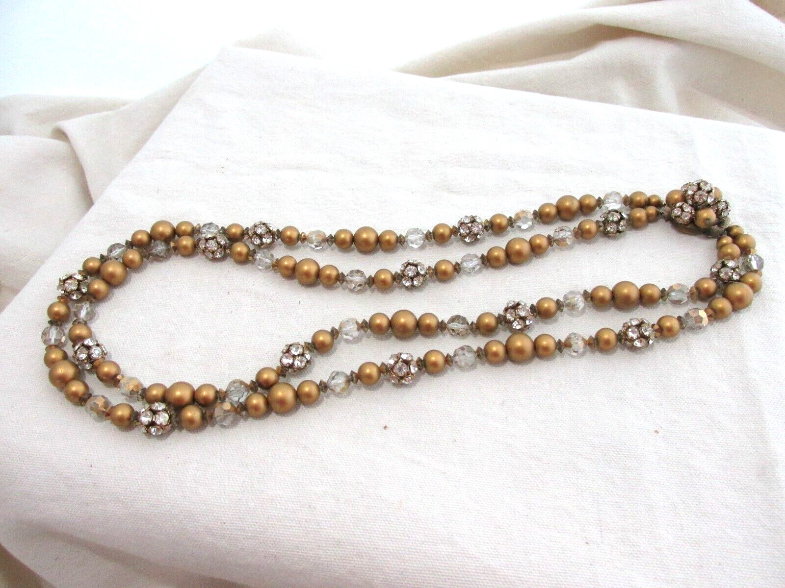 Vtg Necklace Matte Gold Beads Beaded Rhinestones Crystal Double Strand Ornate