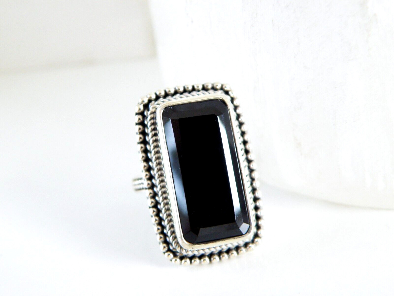 Sterling Silver 925 Natural Black Spinel Tall Elongated Ring Size 7