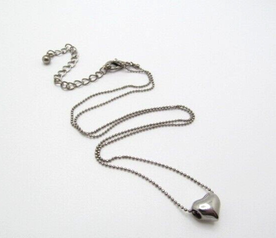 Vintage Silver Tone Mini Ball Bead Chain Heart Slide Pendant Necklace