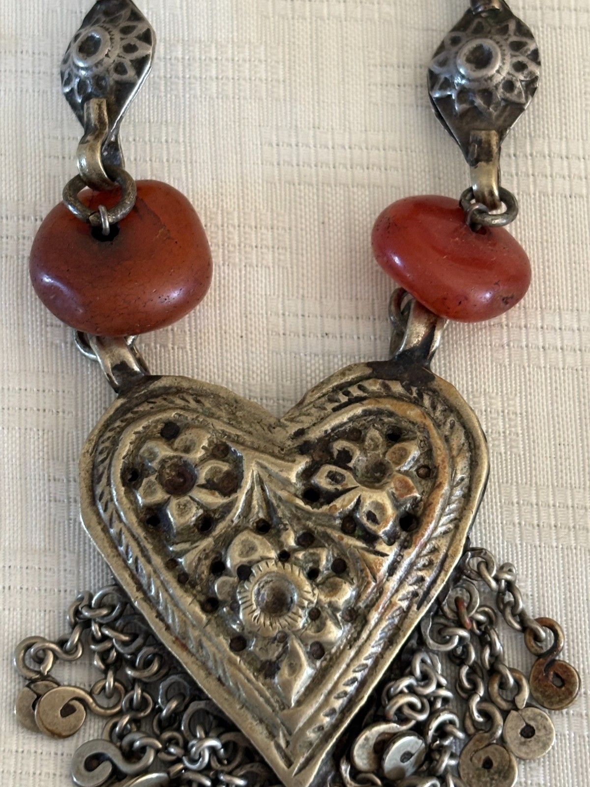 Vintage Turkmen Silver Carnelian Asyk Heart Necklace Yemeni Tribal Statement