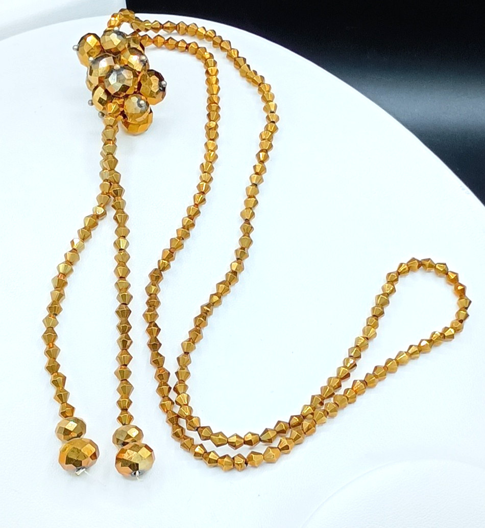 Vintage Lariat Tassel Necklace Beaded Gold Tone Faceted Bicone Sparkle Bow 29″