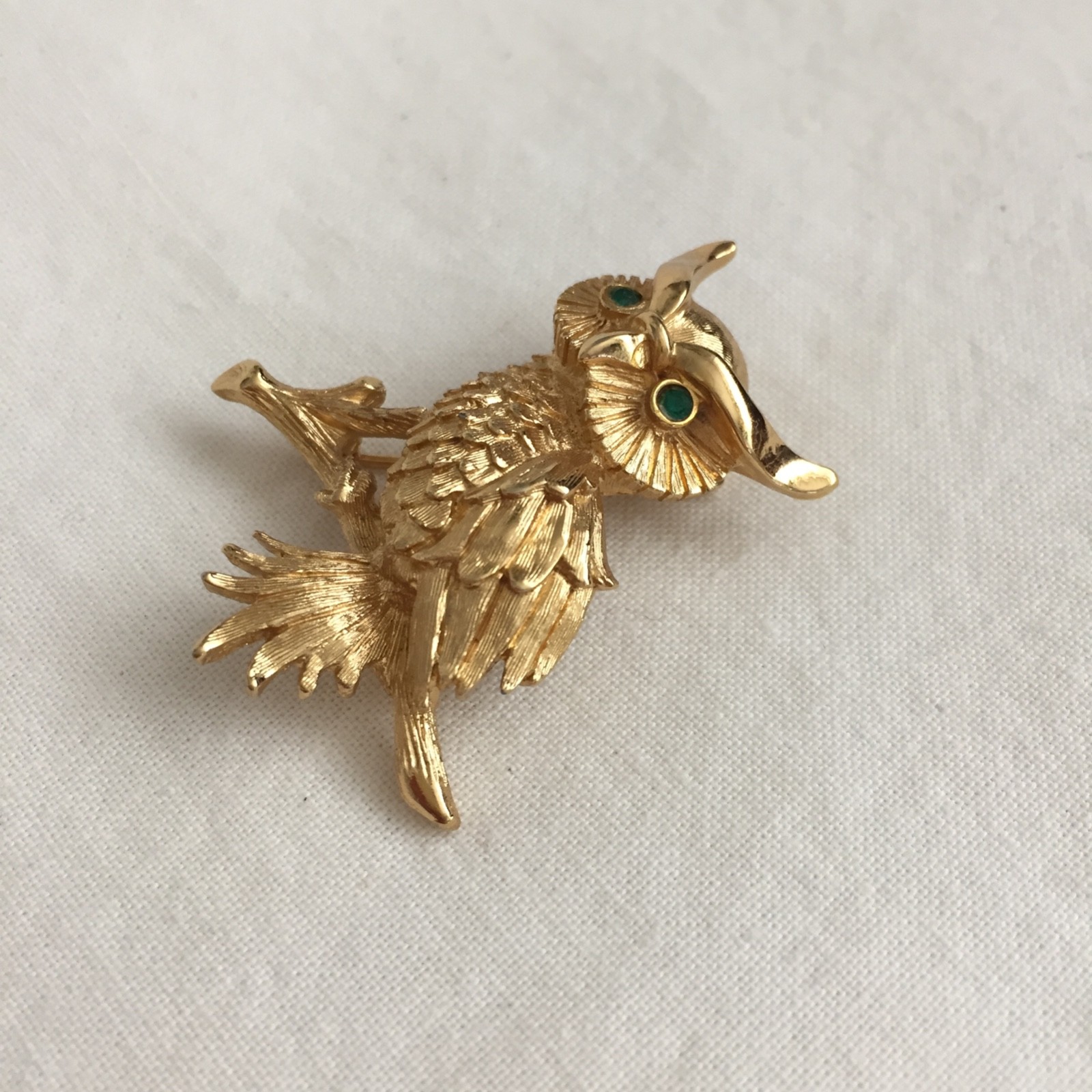 VTG Horned Owl Brooch- Gold with Green Eyes, Rhinestone Monet Bird, Sweater Pin