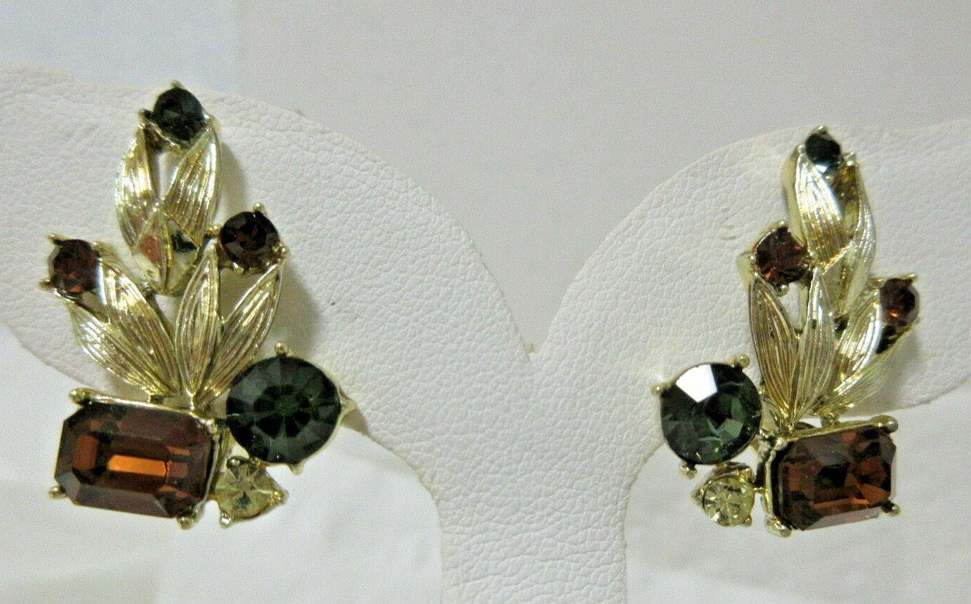 Vintage Coro Gold Tone Dark Topaz, Grey & Yellow Rhinestone Clip-On Earrings