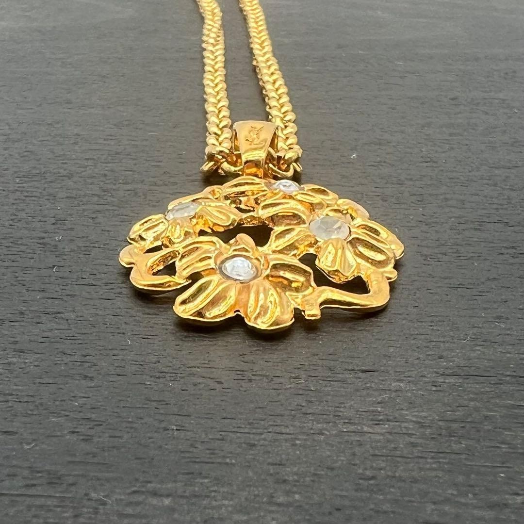 YSL Yves Saint Laurent Vintage Floral Necklace Gold Tone Rhinestone Rare Jewelry