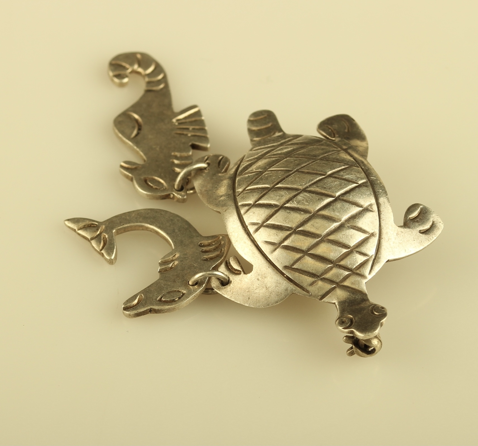 Vintage Sterling Silver Turtle Seahorse & Dolphin Sea creatures Brooch Pin