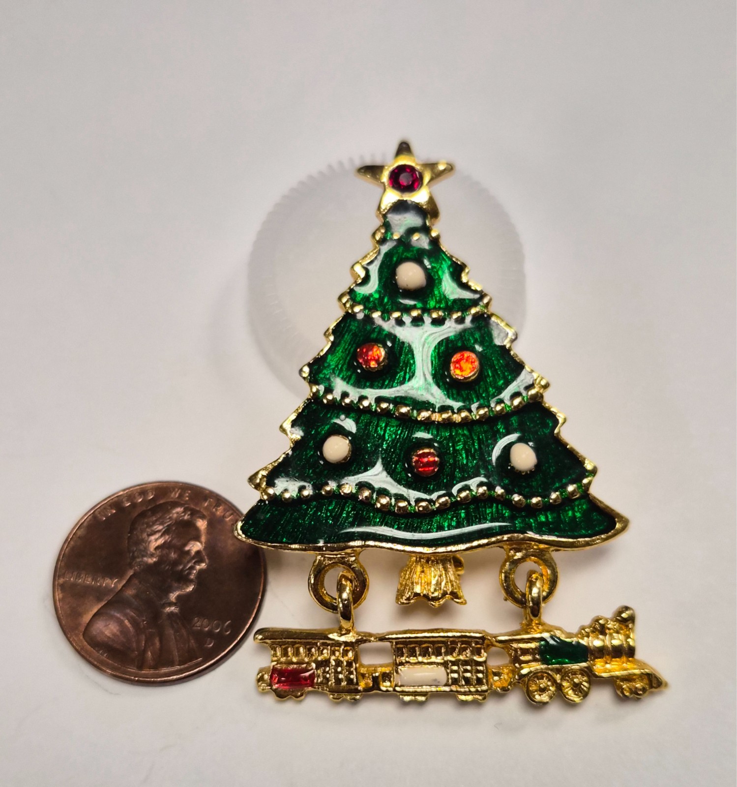 Vintage 80’s Gold Tone & Enamel Christmas Tree W/ Dangle Toy Train Pin / Brooch
