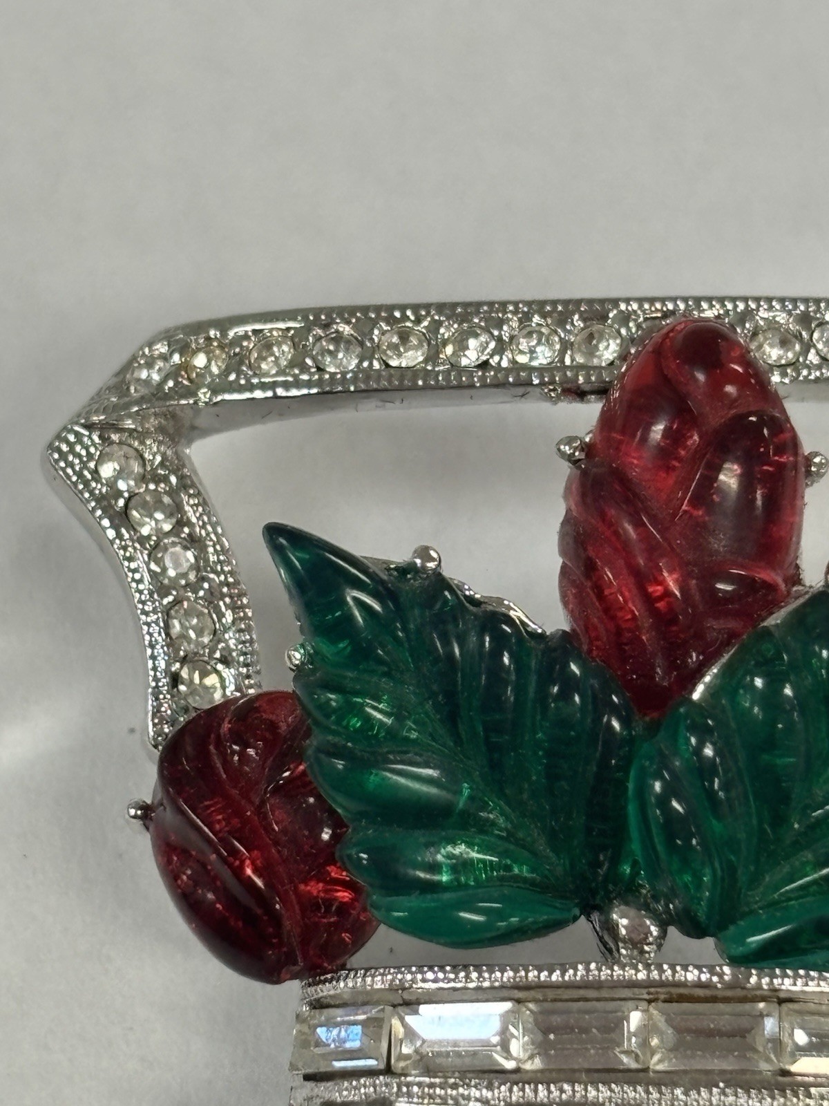 RARE Signed ART DECO 89 Floral Basket Brooch Pin Rhinestone Resin UNWORN HTF