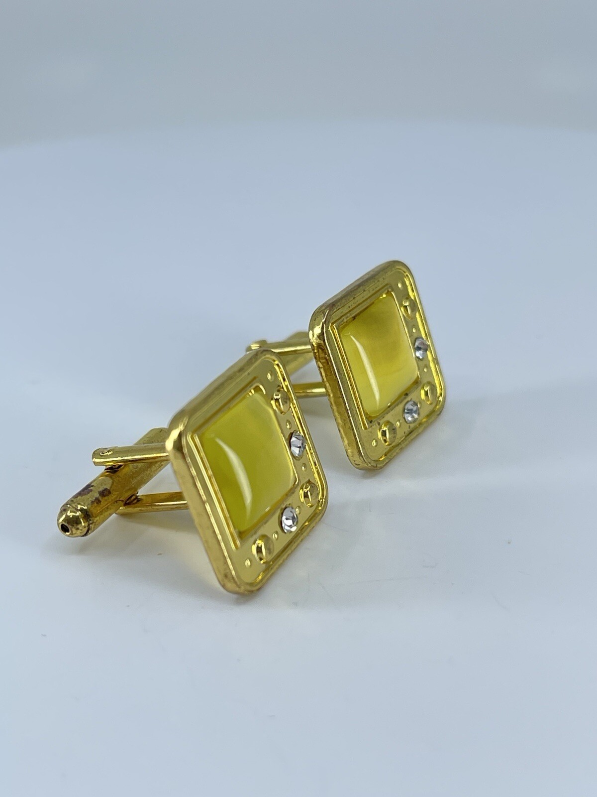 gold tone square yellow glass cufflinks white rhinestones accents bullet backs