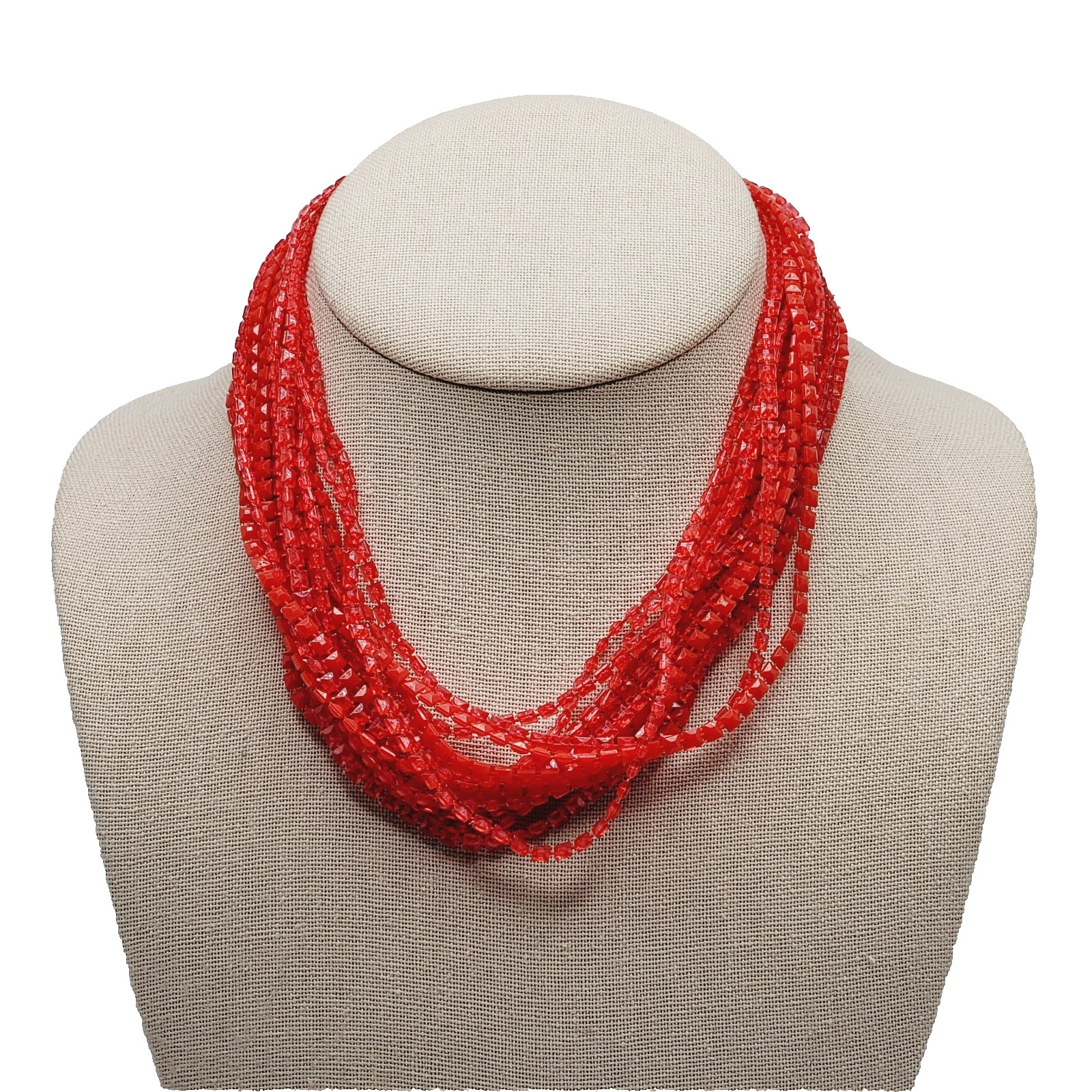 Vintage Red Multi Strand Plastic Square Beaded Solid & Clear Bead Necklace 48 In