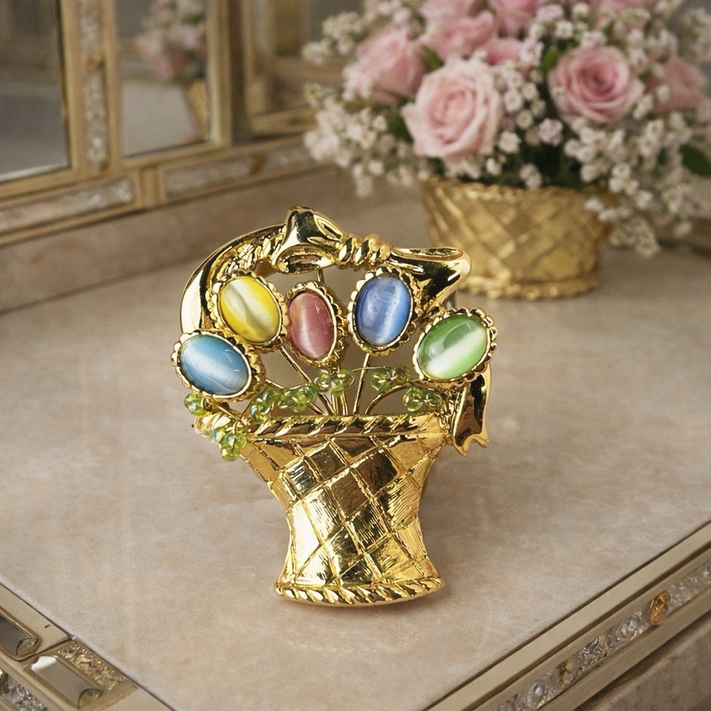 Vtg 1980s Gold Tone Flower Basket Brooch Pin – 2” – Pastel Cats Eye Stones