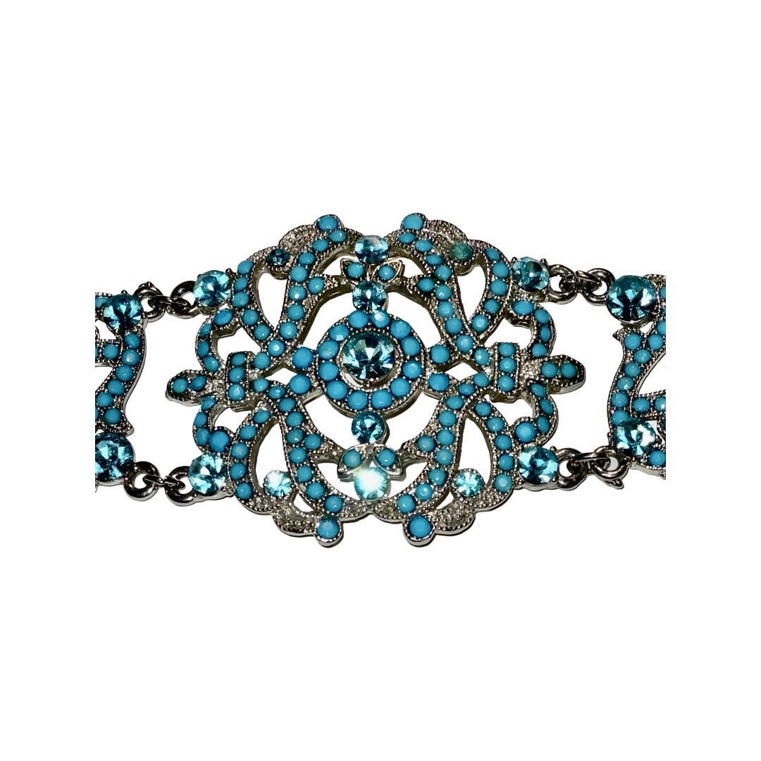 VCLM Victorian Filigree Silver Turquoise Crystal Wide Statement Bracelet