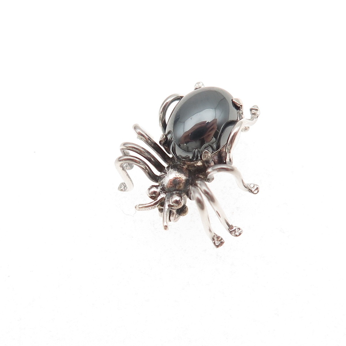 835 Silver Antique Art Deco Real Hematite Spider Oxidized 3D Mini Pin Brooch