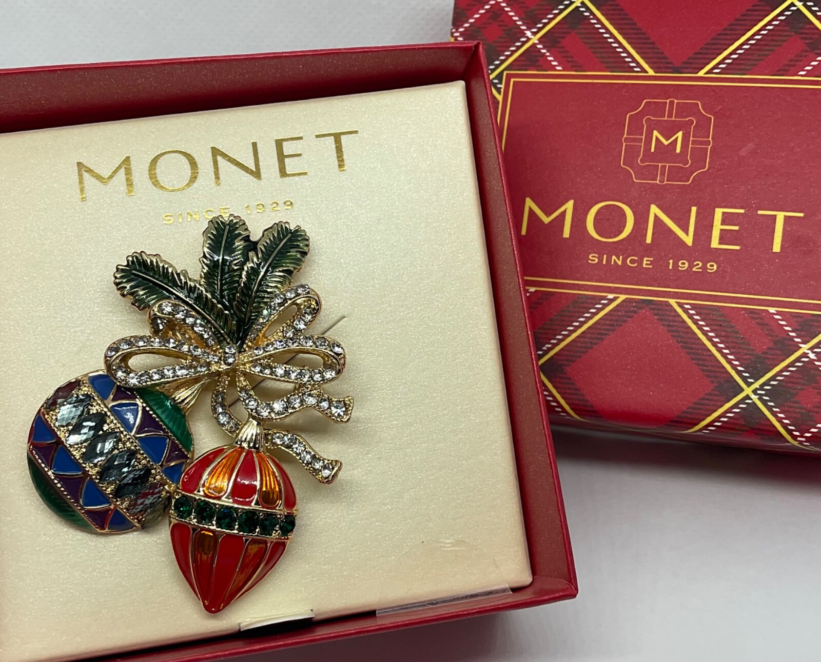 Monet Christmas Ornament & Pine Brooch Pin Enamel & Pave Rhinestones NEW in Box