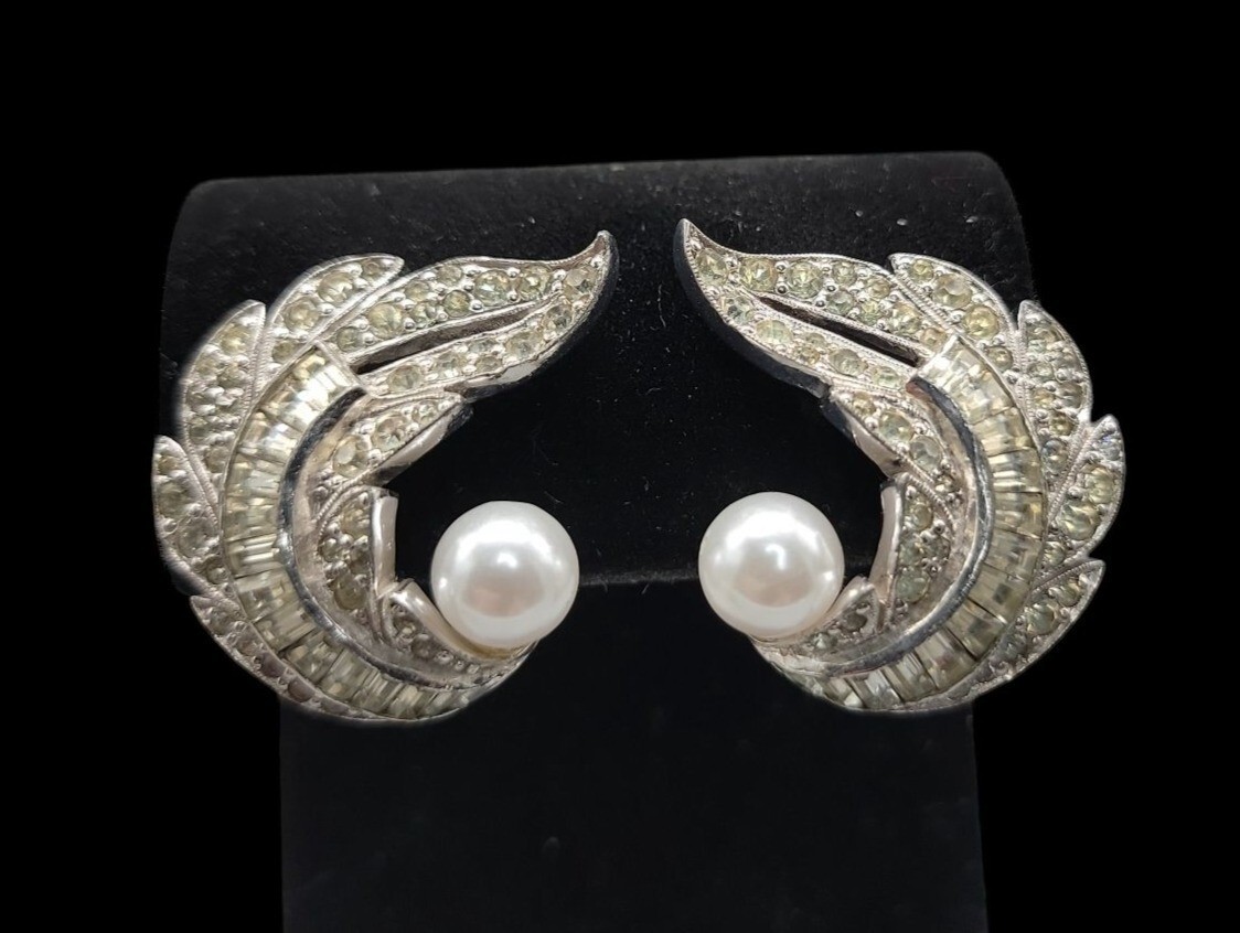 Jomaz Rhinestone Paved Winged Clip On Earrings Faux Pearl Accent Vintage Patent