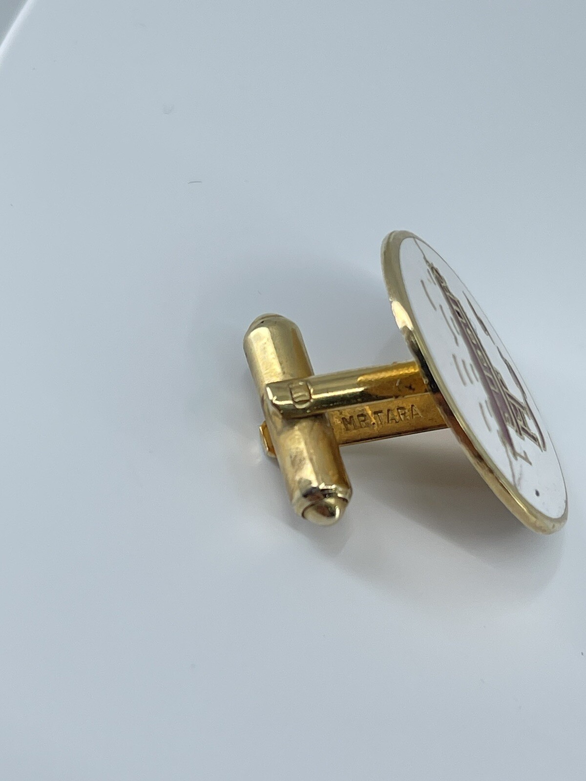 Mr Tara River boat cufflinks and tie clip set red gold white enamel 1″
