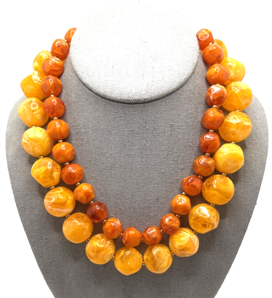 Vintage Double Strand Beaded Choker Necklace Orange Lucite Swirl Mid Century 18″