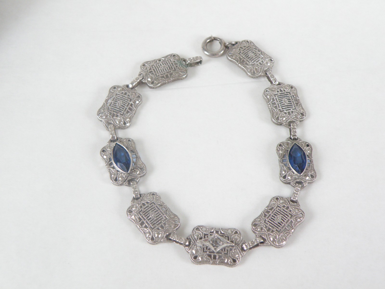 Art Deco Sterling Silver Sapphire Paste Filigree Station Antique Bracelet 7.5″