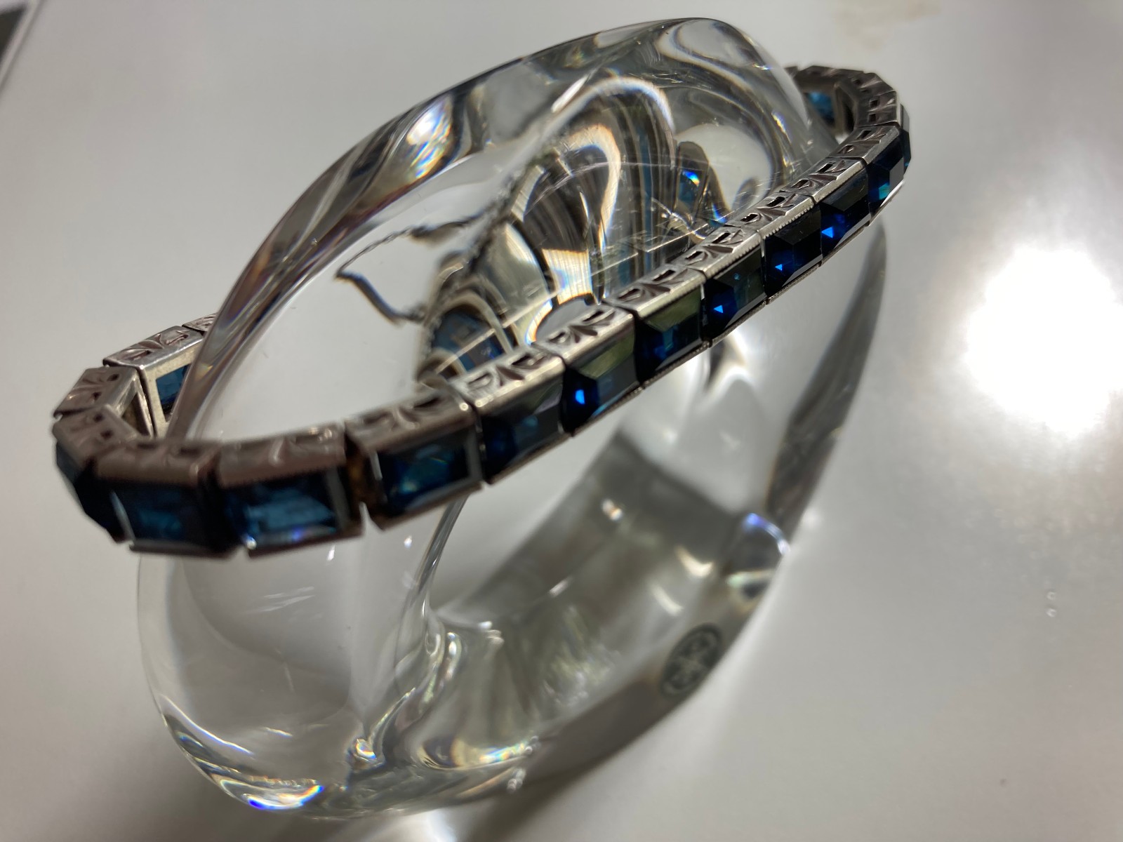 BLUE Rhinestone STERLING SILVER Art Deco, FRANCE, ANTIQUE BANGLE BRACELET