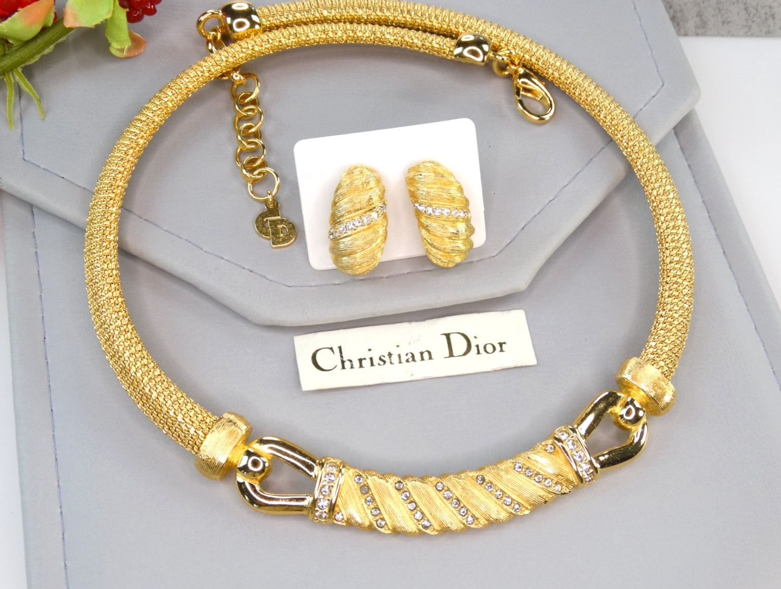 VINTAGE DIOR 80S DECO MATTE GOLD MESH SNAKE CRYSTAL CHOKER NECKLACE EARRINGS SET