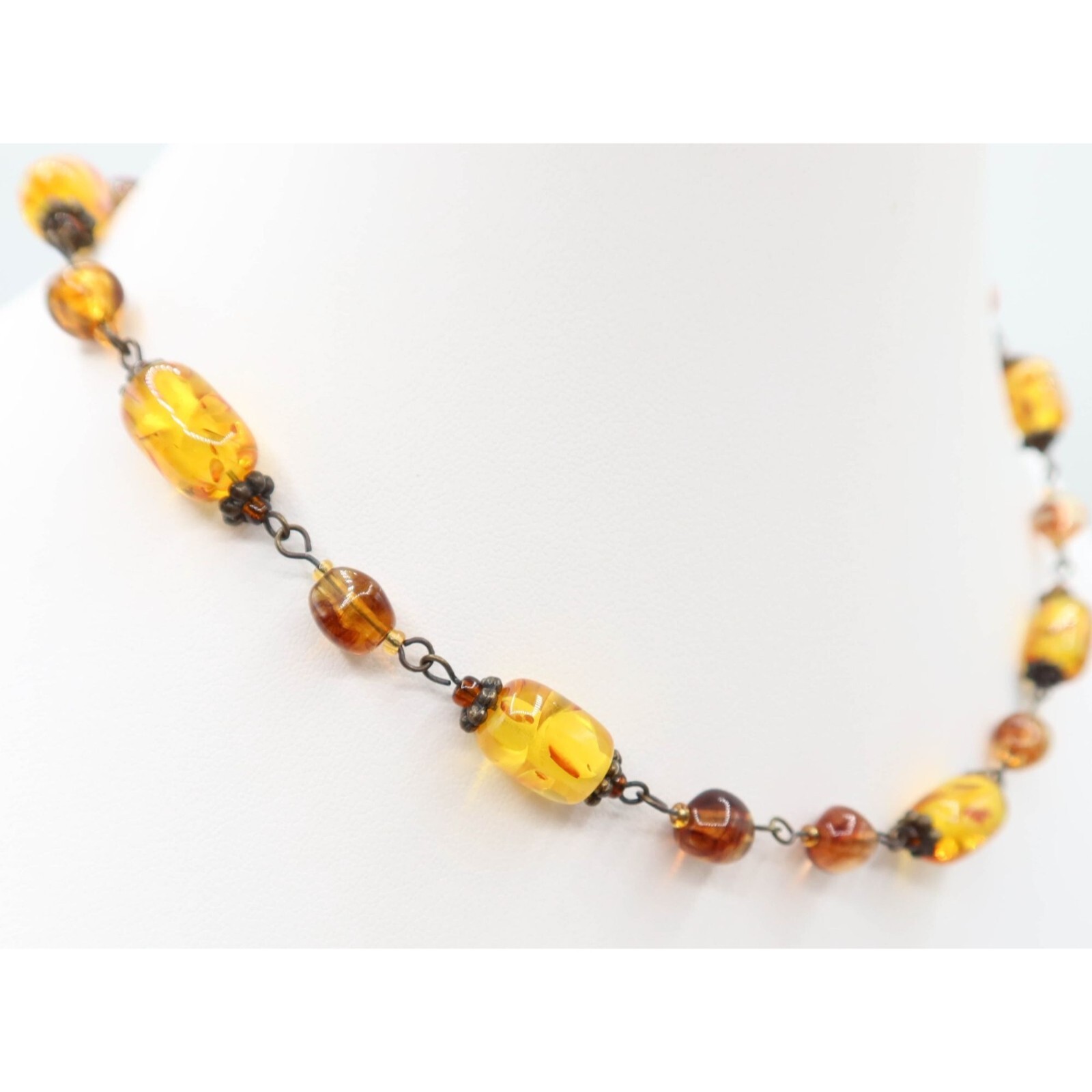 Faux Amber Bead & Antiqued Brass Choker Fashion Necklace 19″ Unsigned