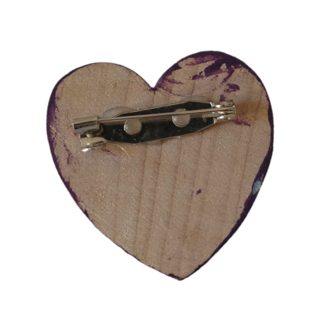 One Love Heart Brooch Pin Handmade Wooden Painted Valentine Mod Podged Eclectic