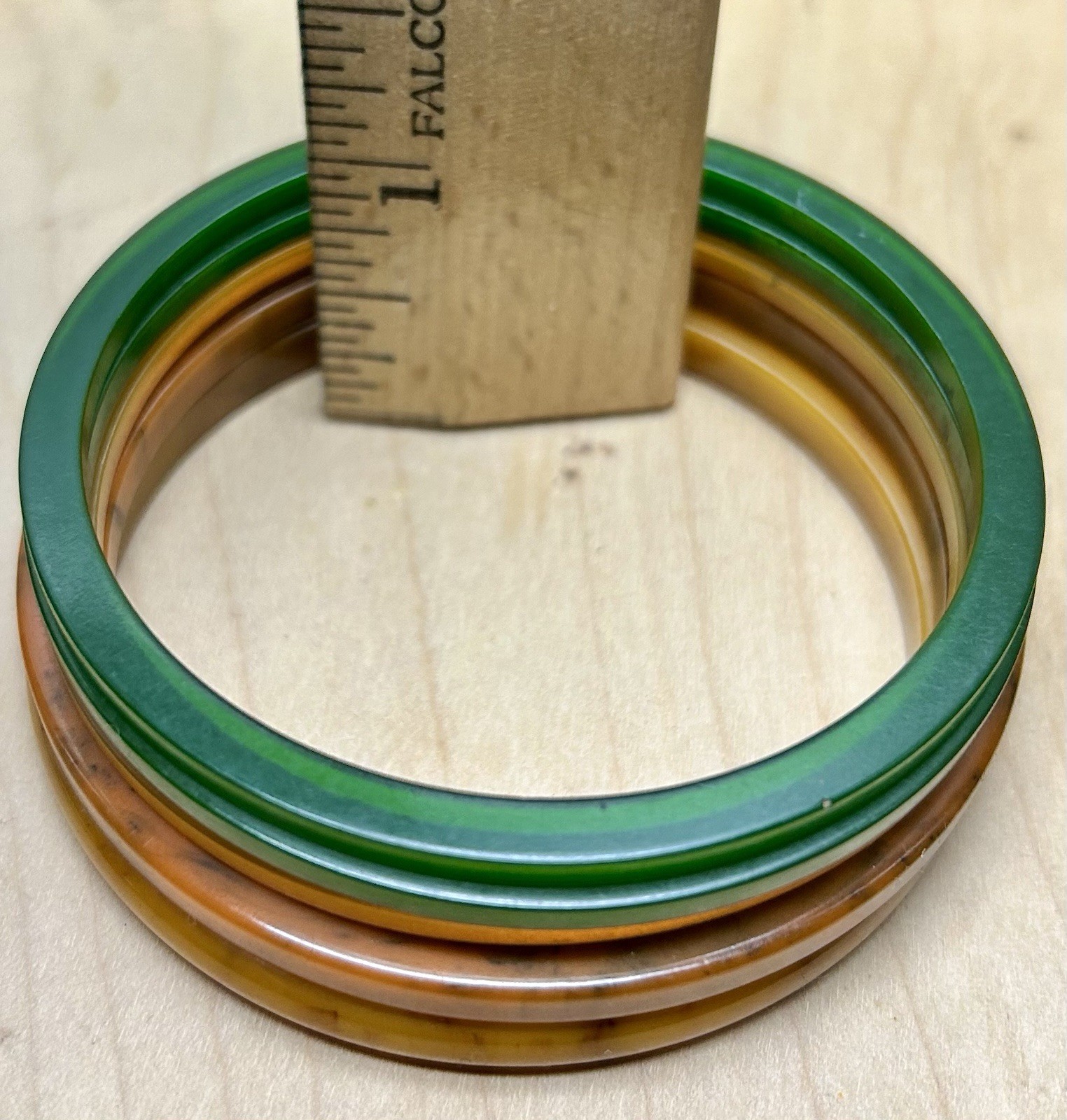 5 Vtg Tested Bakelite Thin Stackable Bangles Green, Orange Marbled Mid Century