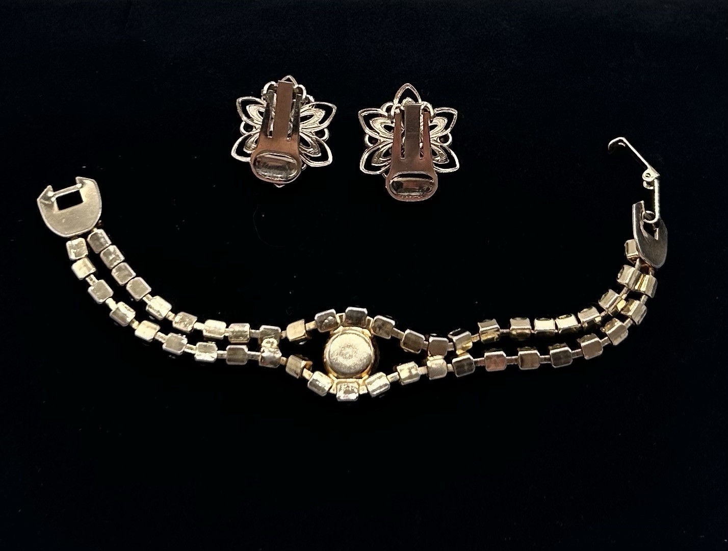 Vtg -1950s-ORANGE AMBER-Rhinestone-BRACELET and Floral EARRINGS SET-Gold Tone