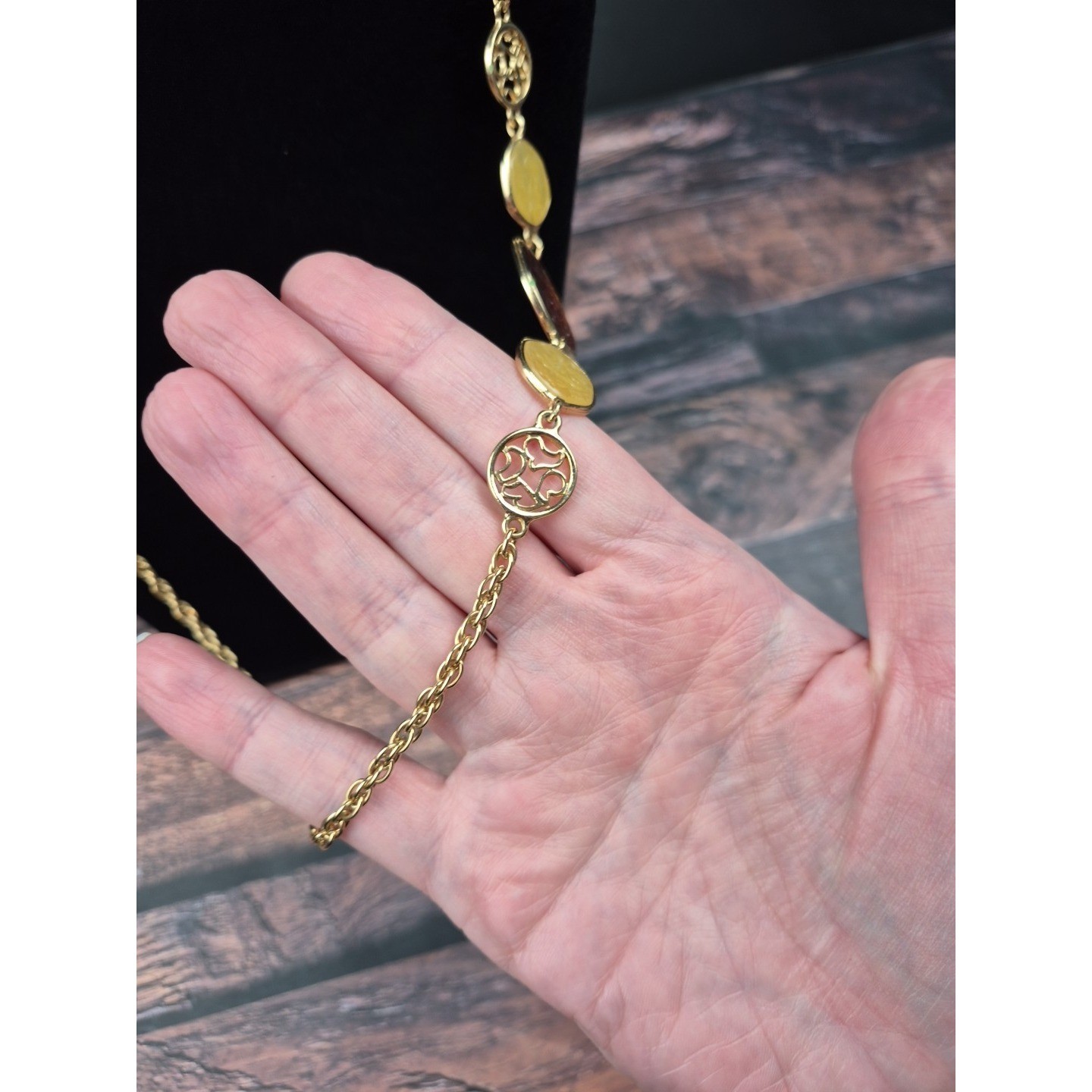 Vtg Sarah Coventry Rope Chain Necklace Gold Tone Yellow Amber Glass Cabochons