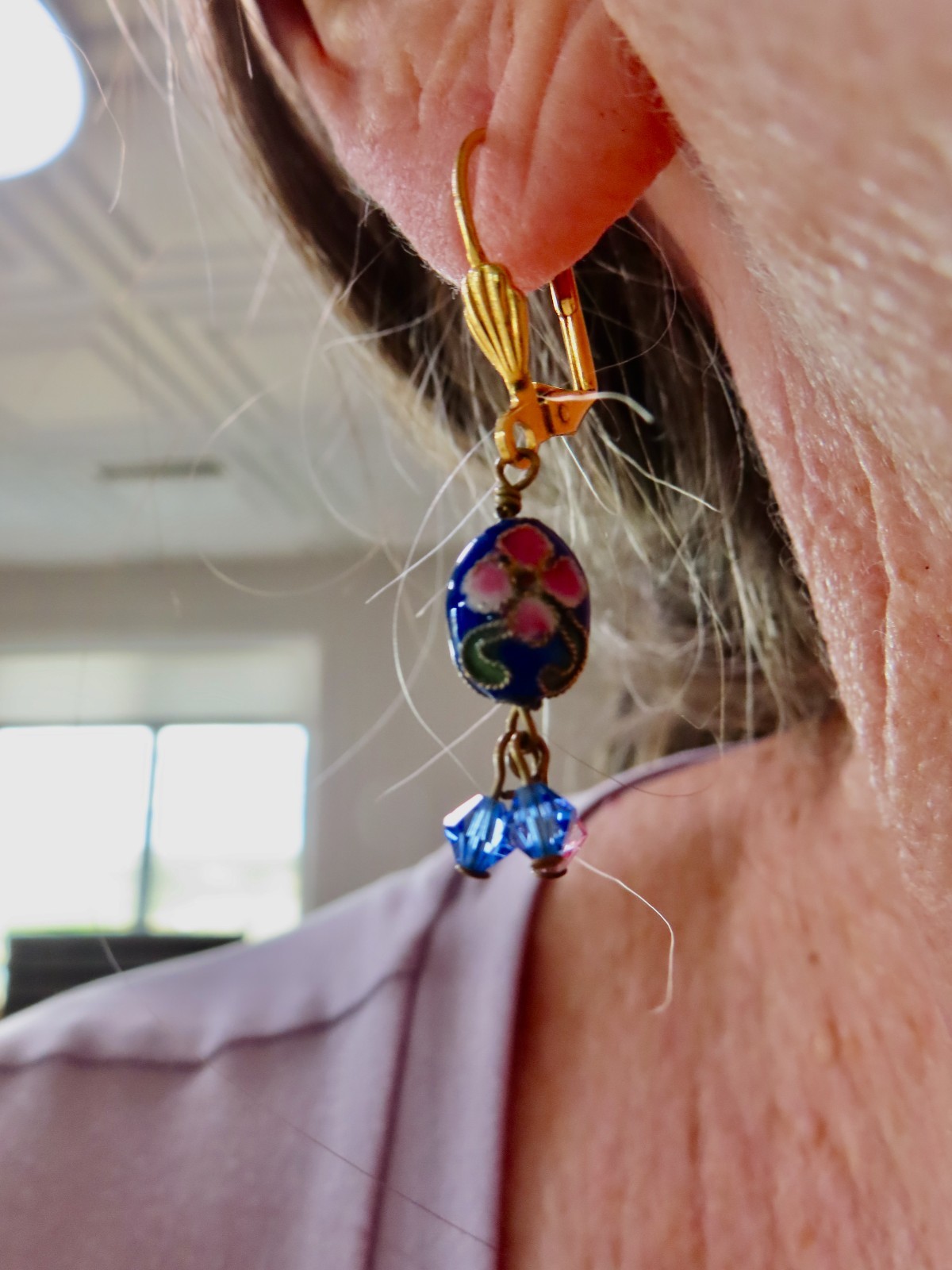 Vintage 1990’s Cloisonne Dangle Crystal Bead Pierced Earrings