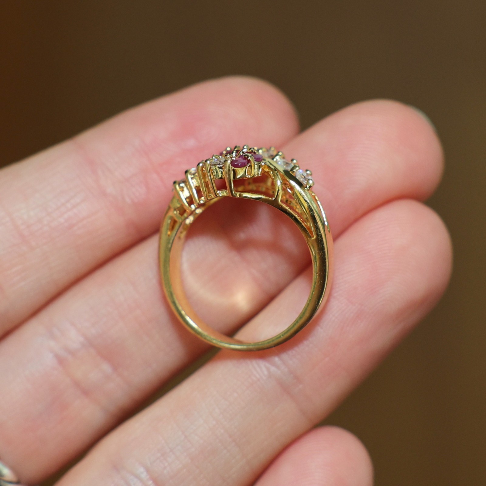 Vintage Gold Plated CZ and Genuine Natural Pink Ruby Cocktail Ring ~ Size 8 🔥
