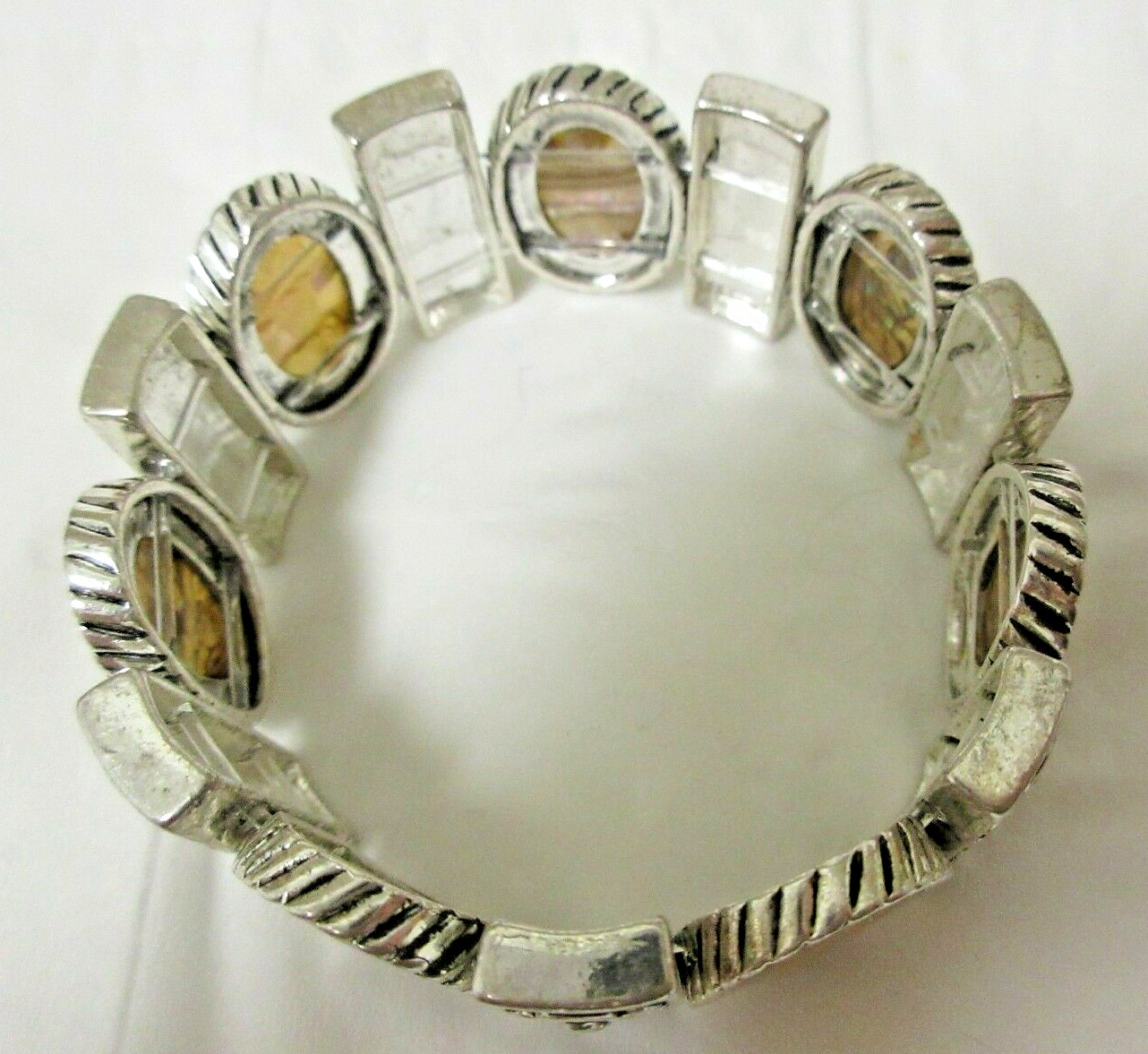 Vintage Ornate Silver Tone Rectangular & Oval Golden & Brown Inserts Bracelet 7″