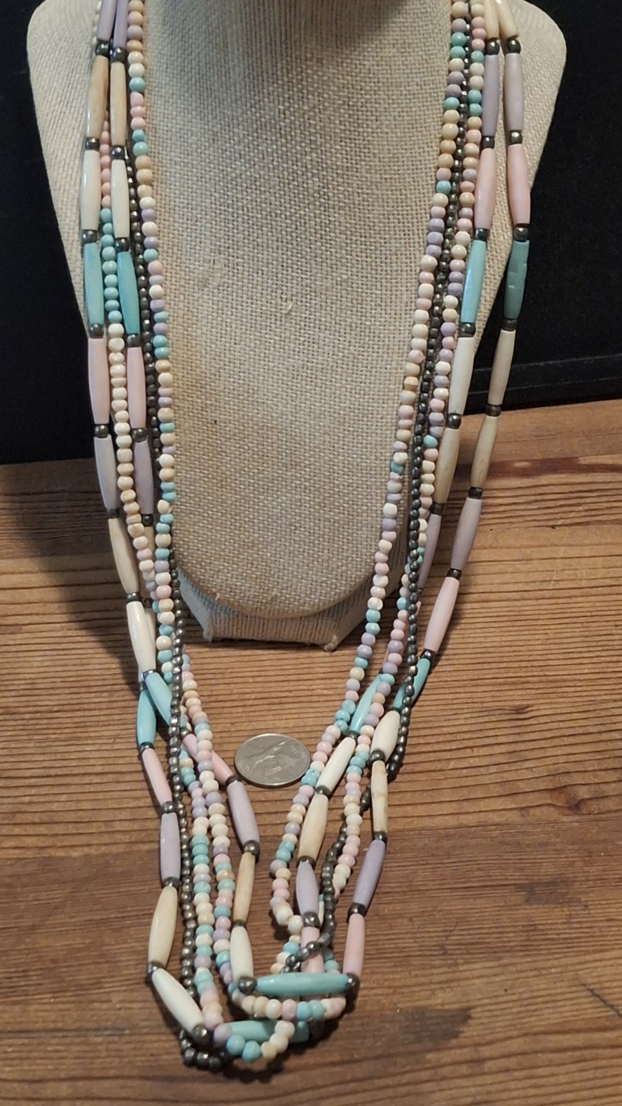 Vintage Pastel Buffalo Bone Beaded Necklace 4 Strand Southwestern Boho 35”