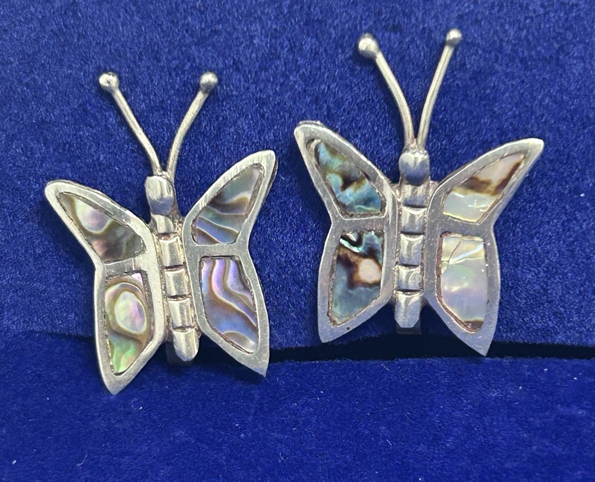 Vintage Mexico 925 Sterling Silver Abalone Butterfly Screw Back Earrings