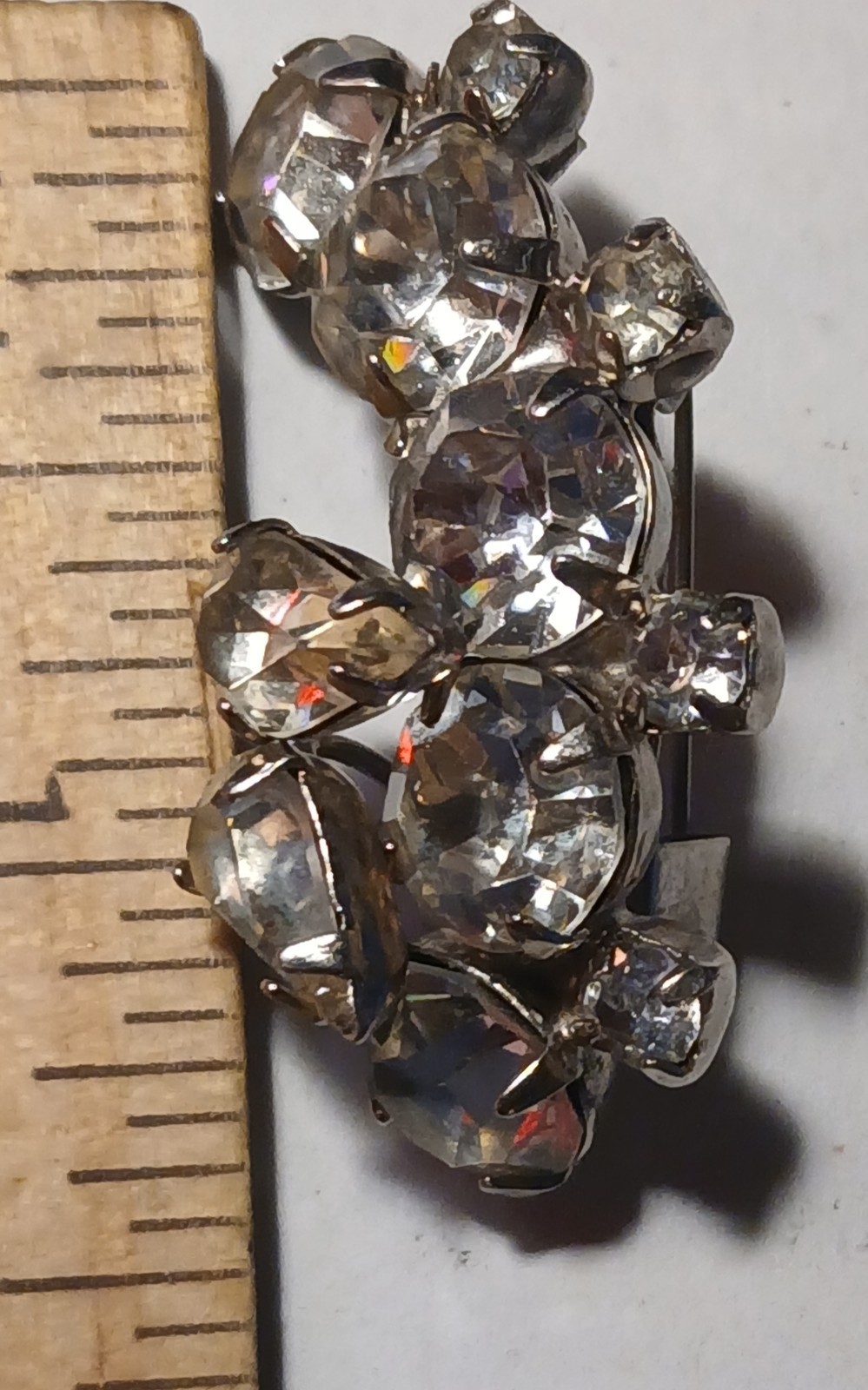 Vintage clear rhinestone crystal cluster half moon shaped brooch pin
