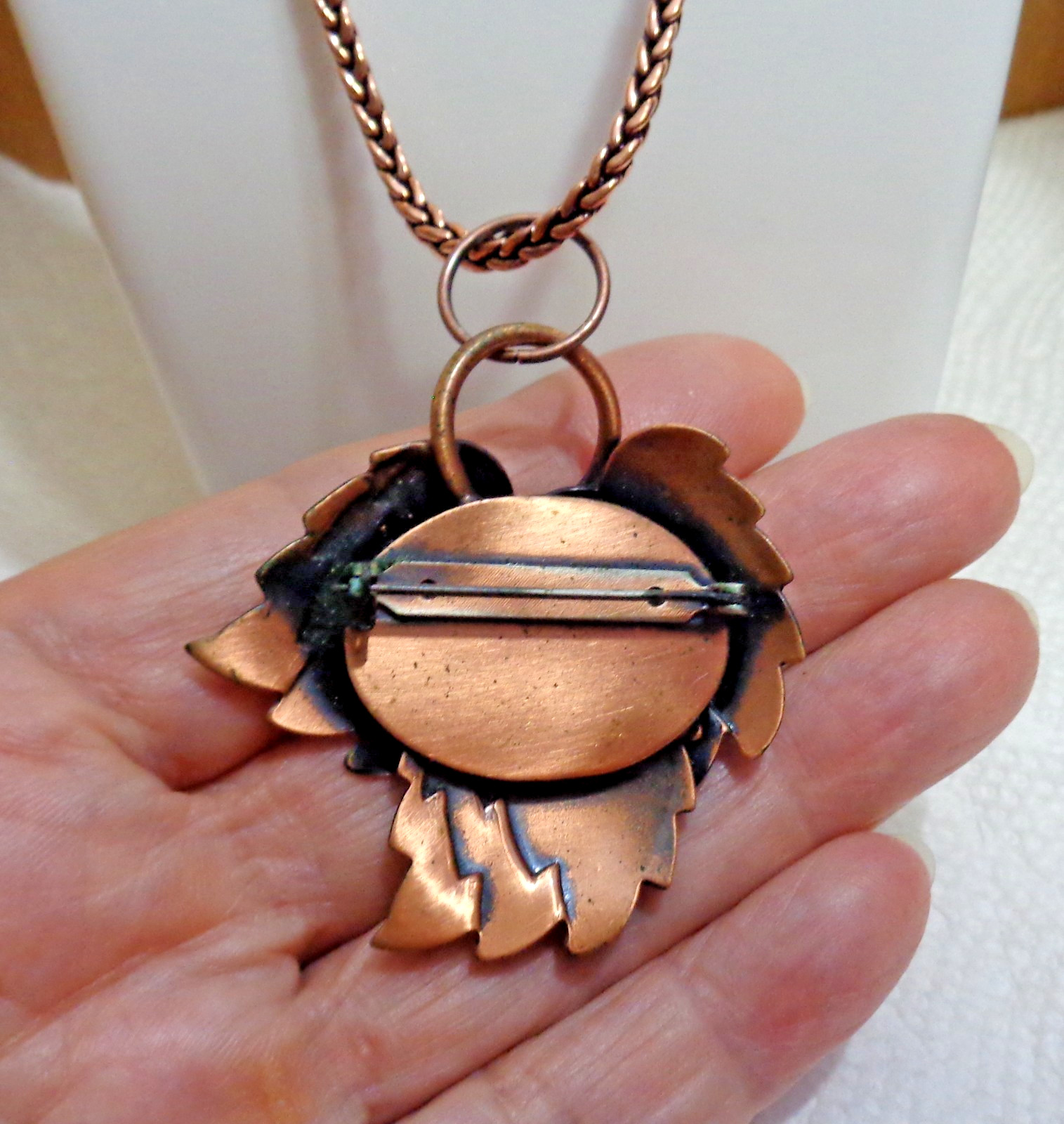 Vintage Solid Copper Renoir 3 Triple Leaf Brooch/Pendant w/24″ Fox Tail Chain