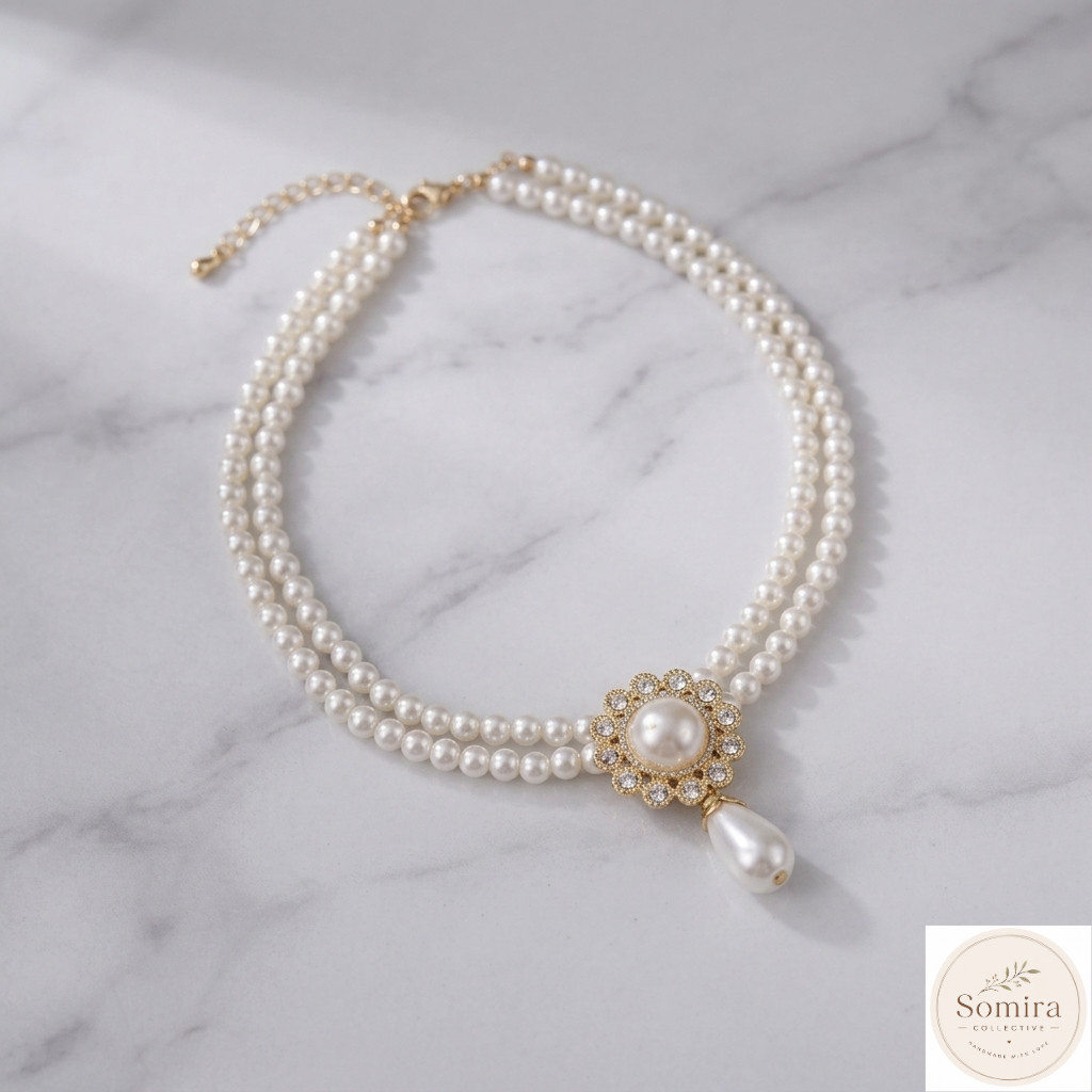 Vintage Pearl Set, Double Strand Necklace and Teardrop Earrings