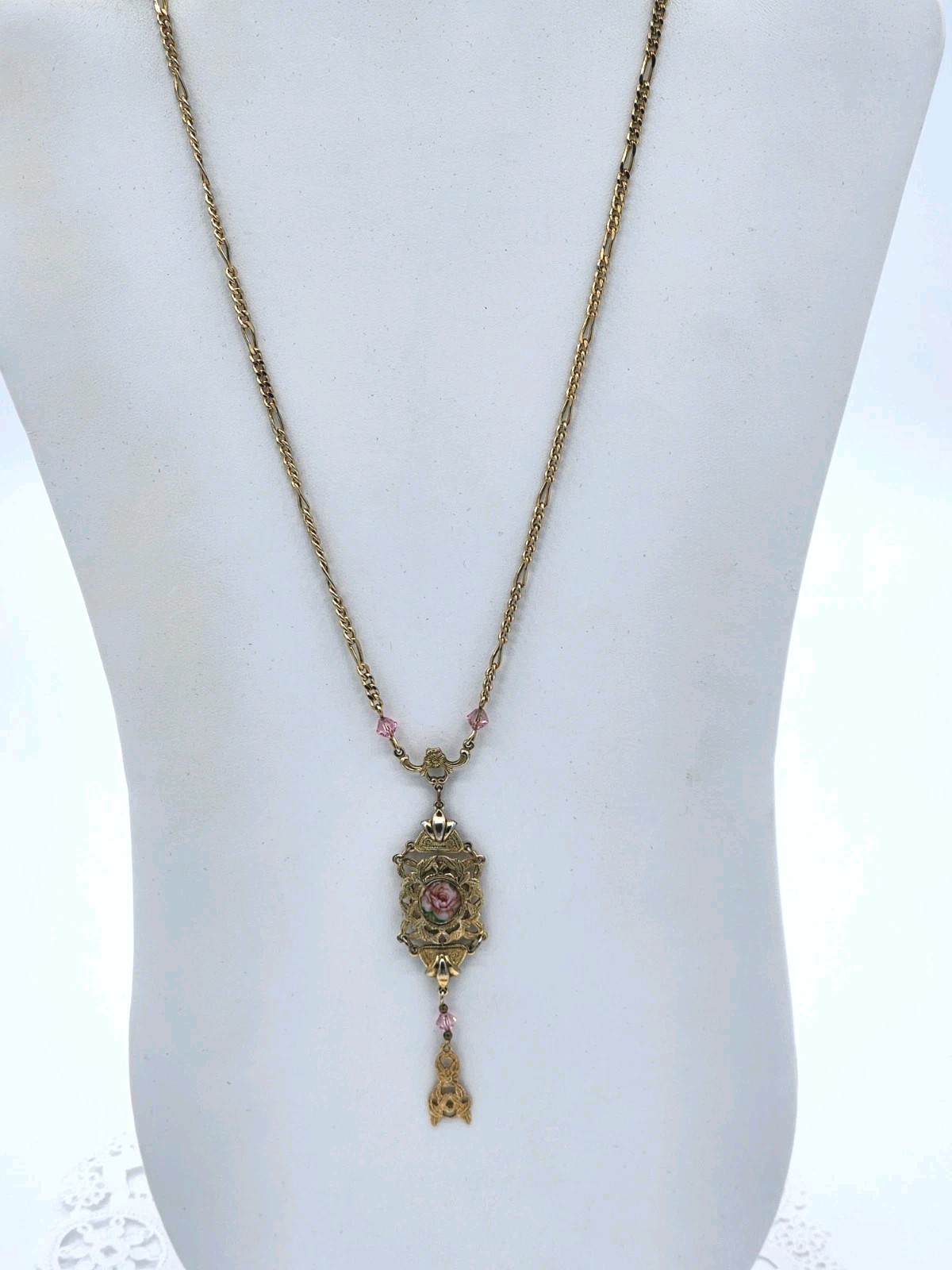 1928 Victorian Deco Porcelain Rose Pink Crystal Pendant Necklace 23″