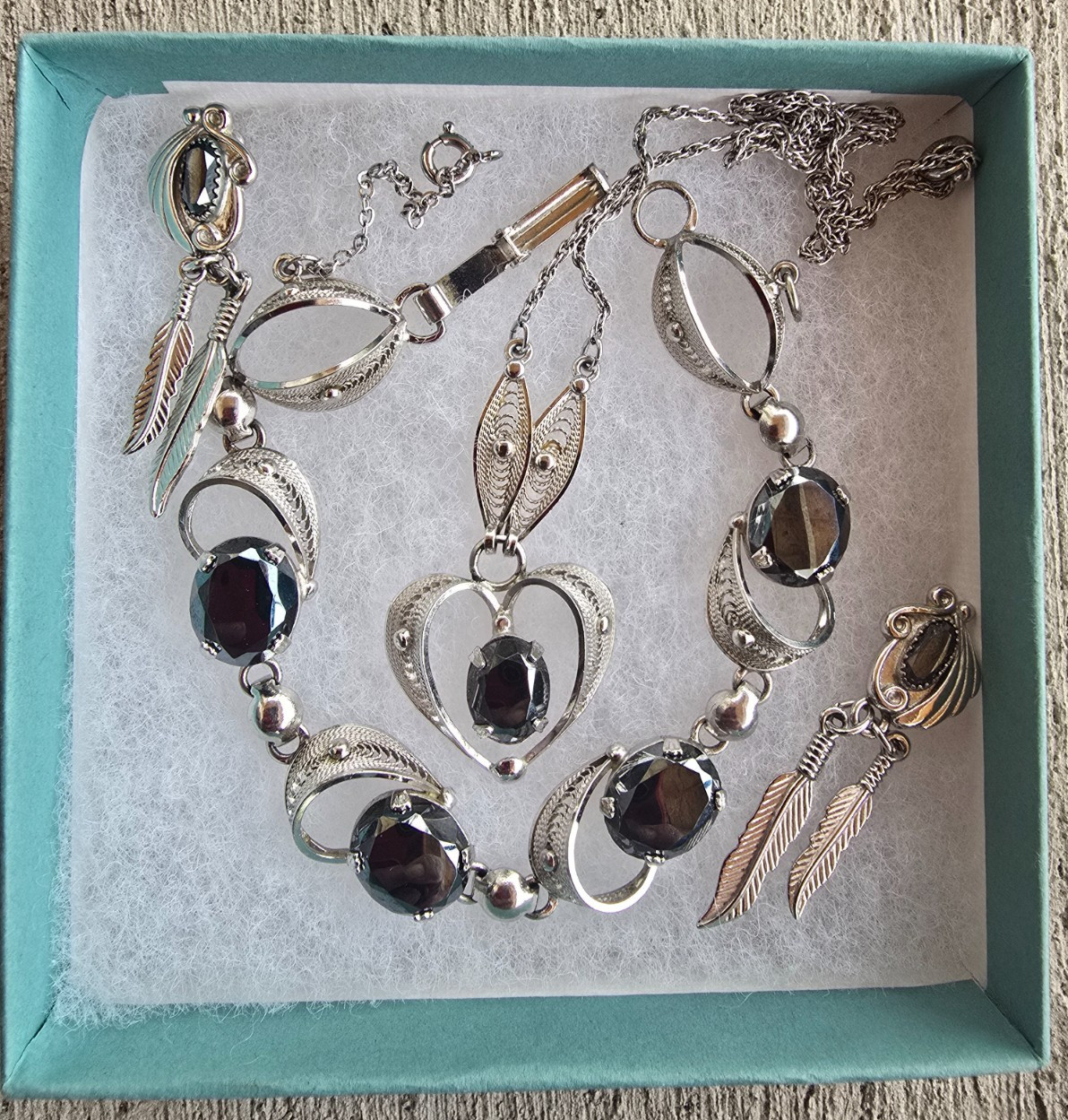 Vintage Sorrento Sterling Silver Black Hematite Bracelet Necklace Earrings
