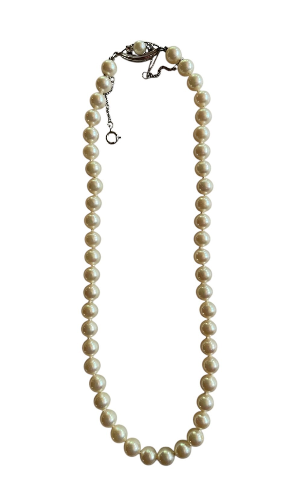 Vintage Pearl Necklace Sterling Silver Clasp 15″ With Diamonds Lovely