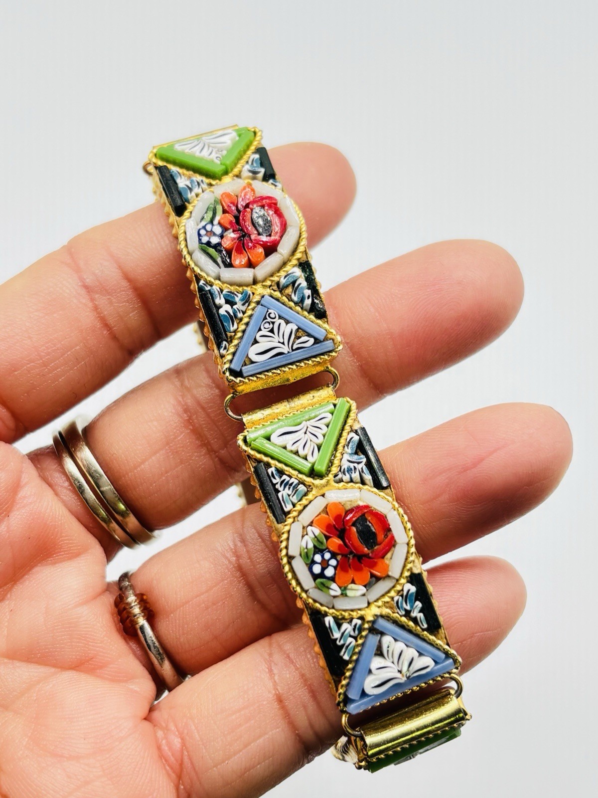 Vtg ITALIAN Mosaic Flower Red Green Yellow Gold Tone Bracelet