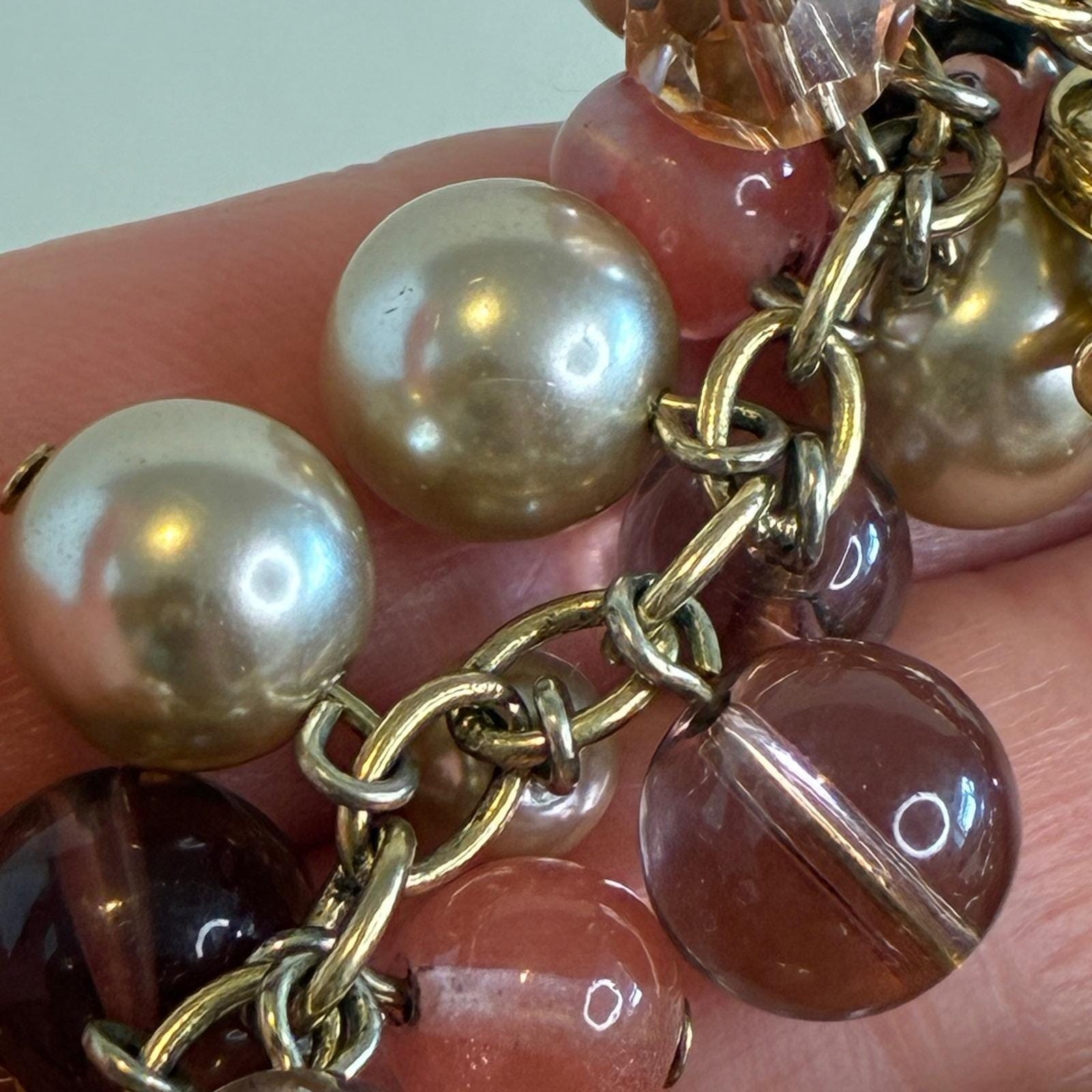 Vintage Carolee Bracelet Gold Tone Faux Pearl Glass Bead Rhinestone Charm Pink