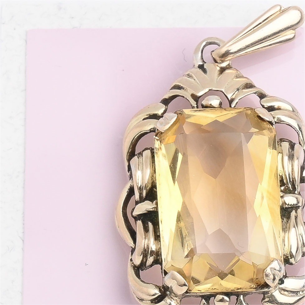 Vintage 1940s Emerald Cut Natural Citrine 835 Silver Signed Pendant