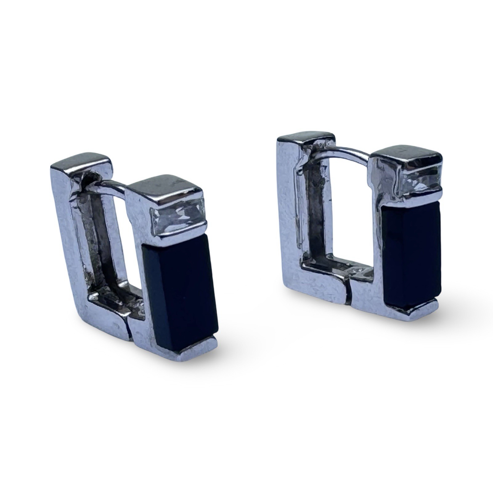 Onyx Sterling Silver Square Huggie Vintage Earrings