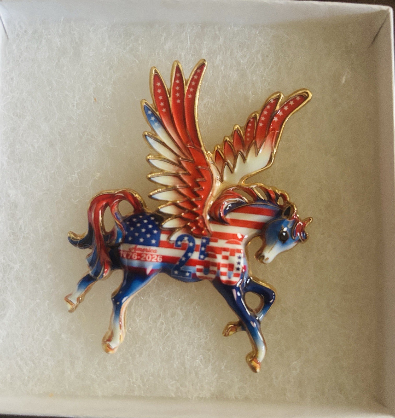 Flying Pegasus Unicorn Brooch Pin Red White Blue Floral Porcelain Style Gold NEW